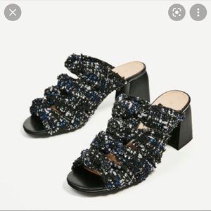 ZARA chunky heel sandal knotted tweed size 39 9 navy blue perfect for summer